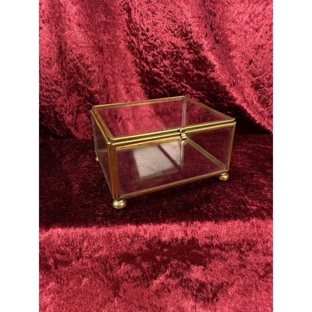 Vintage Brass and Glass Jewelry Box Casket – Footed Display Case Trinket Holder